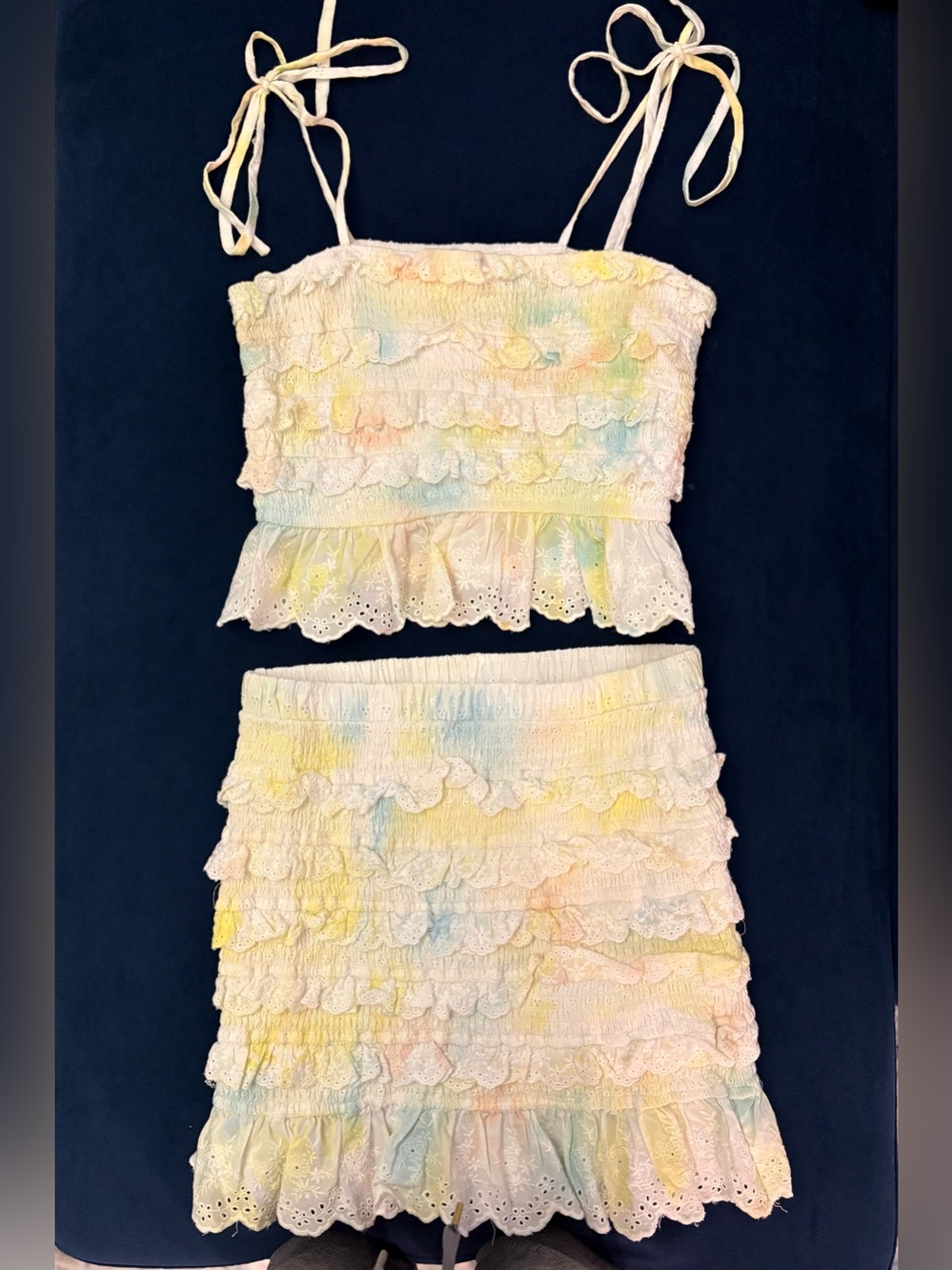 Storia Pastel Ruffled Two-Piece Crop Top & Skirt Set Medium